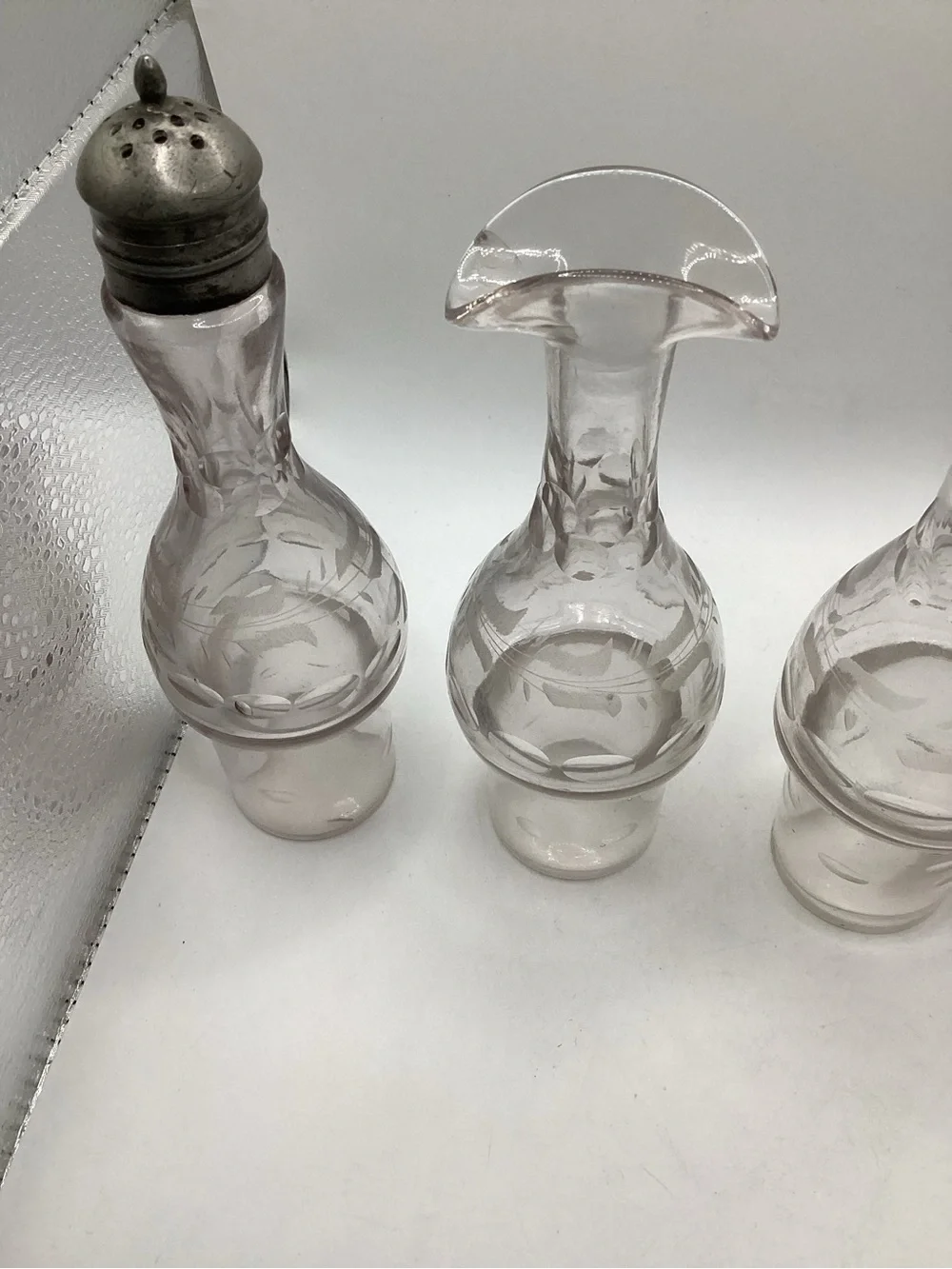 Clear Etched Glass Cruet and Shaker Set with Pewter Lids